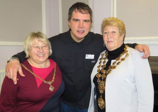 Chesterfield mayor Maureen Davenport and mayoress Liz Archer with Steve Cooke from TV's Eggheads at the annual council meeting of Derbyshire Federation of Women's Institutes.