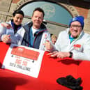 Harry Gration, Amy Garcia and Paul Hudson from BBC Look North pictured at the start of the Chesterfield leg of their Sport Relief Big 50 Sofa Challenge from the Market Place on Wednesday morning. Picture by Anne Shelley.