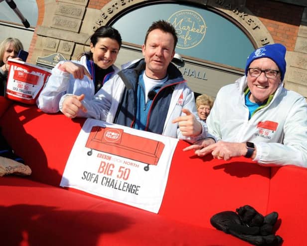 Harry Gration, Amy Garcia and Paul Hudson from BBC Look North pictured at the start of the Chesterfield leg of their Sport Relief Big 50 Sofa Challenge from the Market Place on Wednesday morning. Picture by Anne Shelley.