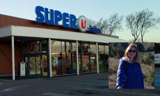 The Super-U supermarket in Trebes, France, and Tracy Mitchell, inset.