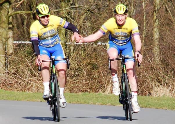 Steve Paterson (left) and Jono Dexter congratulate each other after victory at Lancaster on Saturday for the Andy Moore Autocentres/J.E.James Racing Team.