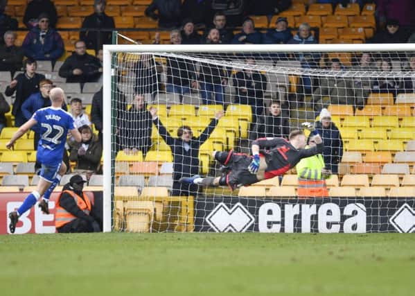 Chesterfield goalkeeper Aaron Ramsdale is beaten by a late winner from Port Vale's Ben Whitfield: Picture by Steve Flynn/AHPIX.com, Football: Skybet League Two match Port Vale -V- Chesterfield at Vale Park, Burslem, Staffordshire, England on copyright picture Howard Roe 07973 739229
