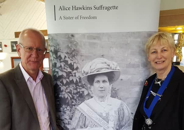 Peter Barratt, great-grandson of suffragette Alice Hawkins, with Nicola Freeman at Matlock Lumcheon Club.