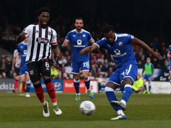 Zavon Hines in action for Chesterfield at Grimsby.