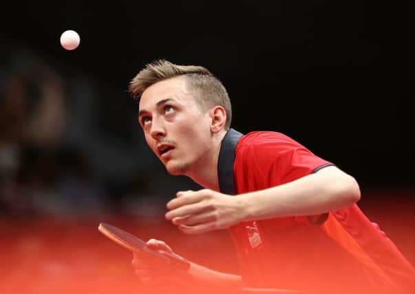 GOLD COAST, AUSTRALIA - APRIL 09:  Liam Pitchford of England competes against S.F.E.Poh of Singapore during the Men's Team Table Tennis Bronze Medal Match on day five of the Gold Coast 2018 Commonwealth Games at Oxenford Studios on April 9, 2018 on the Gold Coast, Australia.  (Photo by Robert Cianflone/Getty Images)