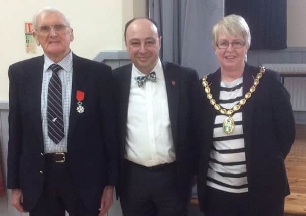 Geoff Cobb (left) with Monsieur Lafontaine and the Mayor of Matlock, Councillor Ann Elliott.
