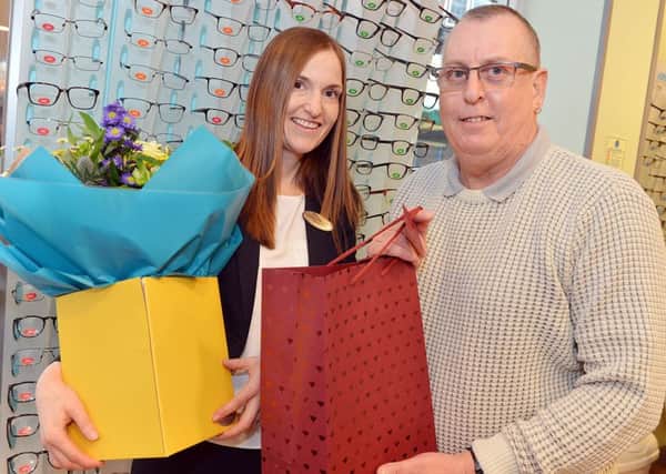 Stephen Clamp, 58, pictured with Specsavers optometrist, Lindsey Rose.