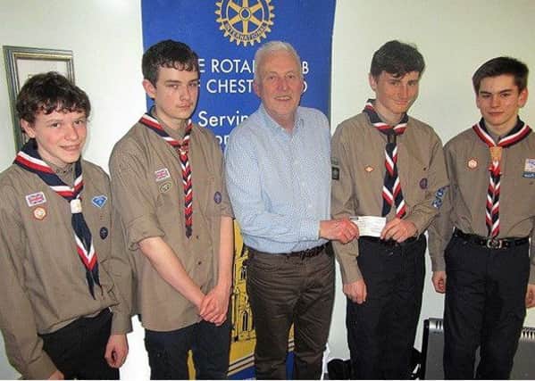 William Riley and C J Renshaw of the 18th Chesterfield, and Matthew Willacy and Alex Boyce of Canotilla Explorers, Calow, were presented with a cheque for Â£300 by Rotarian Paul Davies of Chesterfield Rotary Club towards the cost of getting to the World Scout Jamboree.