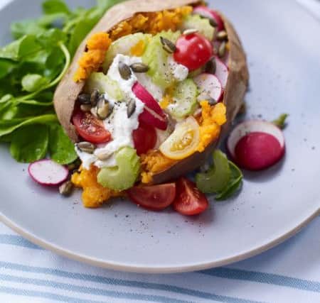 Loaded sweet potato with celery, radish and ricotta. Photo by Jason Ingram.