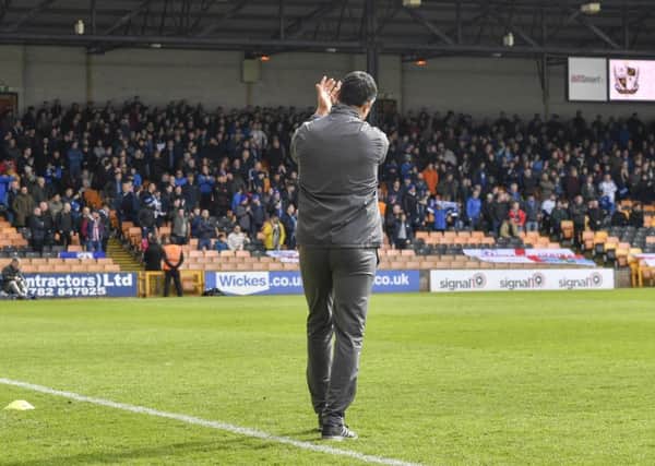 Chesterfield manager Jack Lester salutes the Chesterfield fans before the kick-off: Picture by Steve Flynn/AHPIX.com, Football: Skybet League Two match Port Vale -V- Chesterfield at Vale Park, Burslem, Staffordshire, England on copyright picture Howard Roe 07973 739229