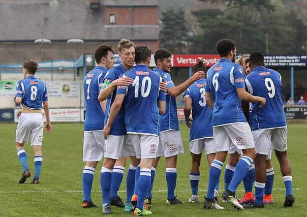 Matlock players celebrate against Workington. Pic by Jez Tighe.