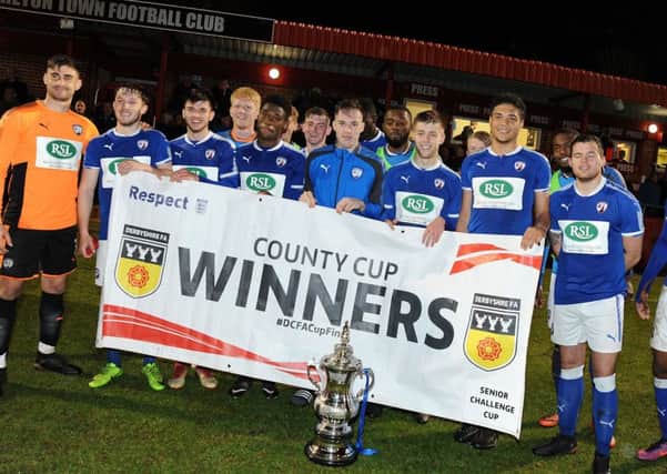 Alfreton Town v Chesterfield - Senior Challenge Cup Final 2017-18
Chesterfield line up with the Senior Challenge Cup after beating Alfreton 1 - 0 o Tuesday night.