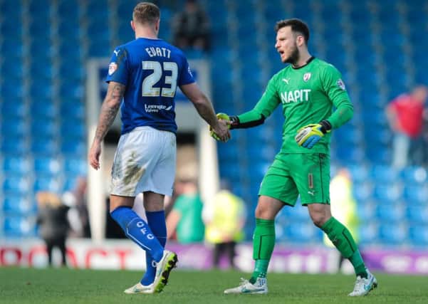 Chesterfield vs Crewe - Tommy Lee and Ian Evatt congratulate each other on a clean sheet - Pic By James Williamson