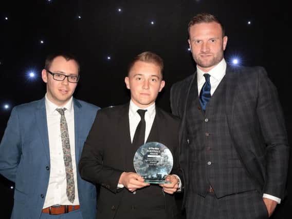 Chesterfield Player of the Year Louis Reed with Derbyshire Times' Graham Smyth and Spireites caretaker boss Ian Evatt