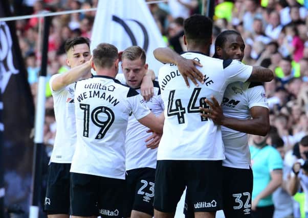 Picture by Howard Roe/AHPIX.com;Football;SkyBet;Championship;
06/05/2018   KO 12.30pm; Pride Park;
copyright picture;Howard Roe;07973 739229;

Ram's Matej Vydra celebrates his goal with his team mates