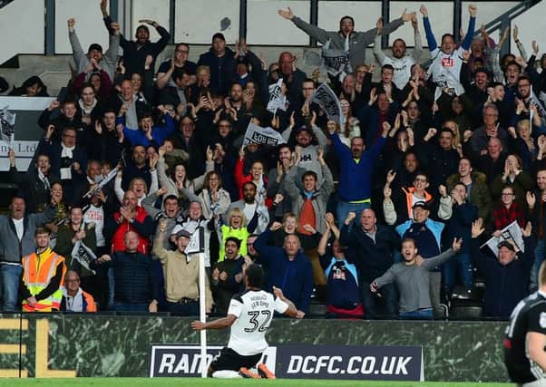 Picture by Howard Roe/AHPIX.com;Football;SkyBet;Championship;Play Off Semi final
11/05/2018   KO 7.45pm; Pride Park;
Derby County v Fulham
copyright picture;Howard Roe;07973 739229;

Ram's Cameron Jerome celebrates his goal infront of the jubliant Derby fans
