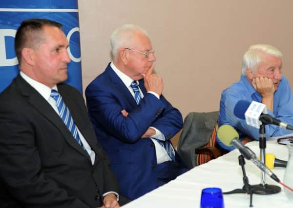 Chesterfield FC owner, Dave Allen, right, addresses the press conference at the unveiling of Martin Allen, left, as new manager.